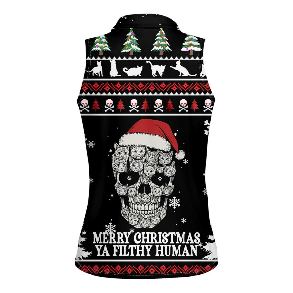 Cat Skull Santa Christmas Women Sleeveless Polo Shirt Xmas Holiday Patterns - Wonder Print Shop