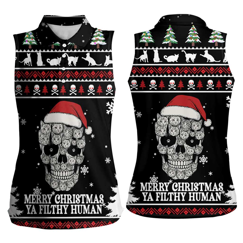 Cat Skull Santa Christmas Women Sleeveless Polo Shirt Xmas Holiday Patterns - Wonder Print Shop