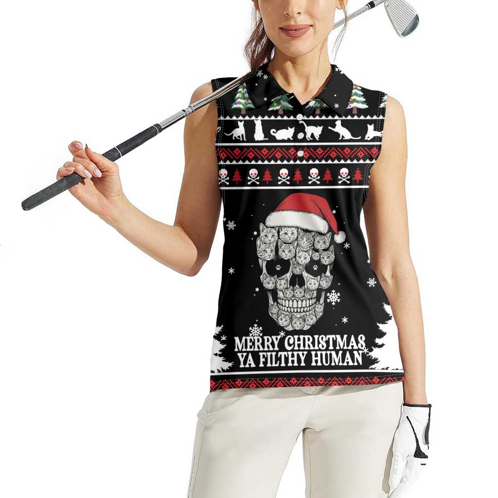 Cat Skull Santa Christmas Women Sleeveless Polo Shirt Xmas Holiday Patterns - Wonder Print Shop
