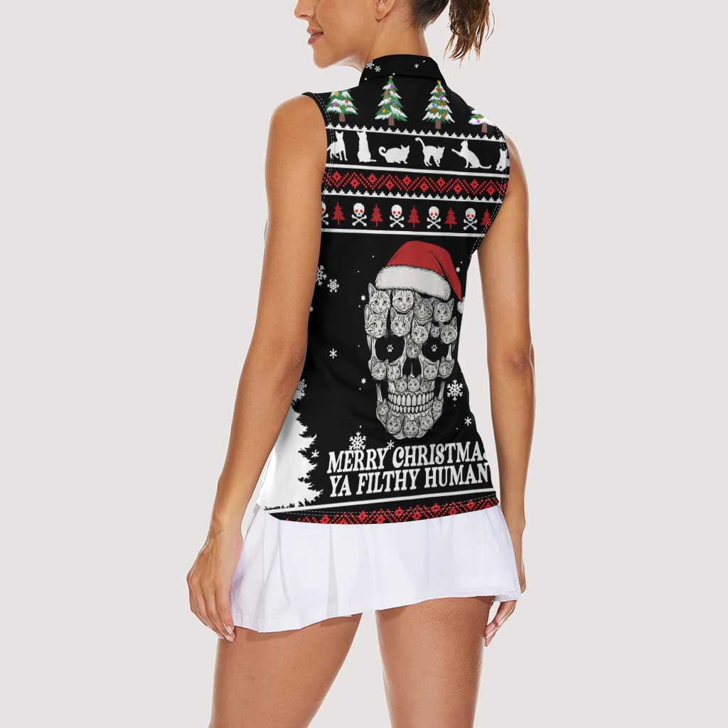 Cat Skull Santa Christmas Women Sleeveless Polo Shirt Xmas Holiday Patterns - Wonder Print Shop