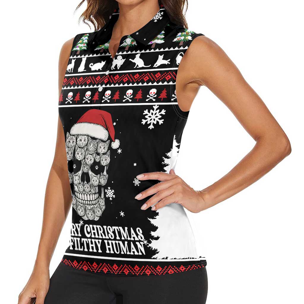 Cat Skull Santa Christmas Women Sleeveless Polo Shirt Xmas Holiday Patterns - Wonder Print Shop