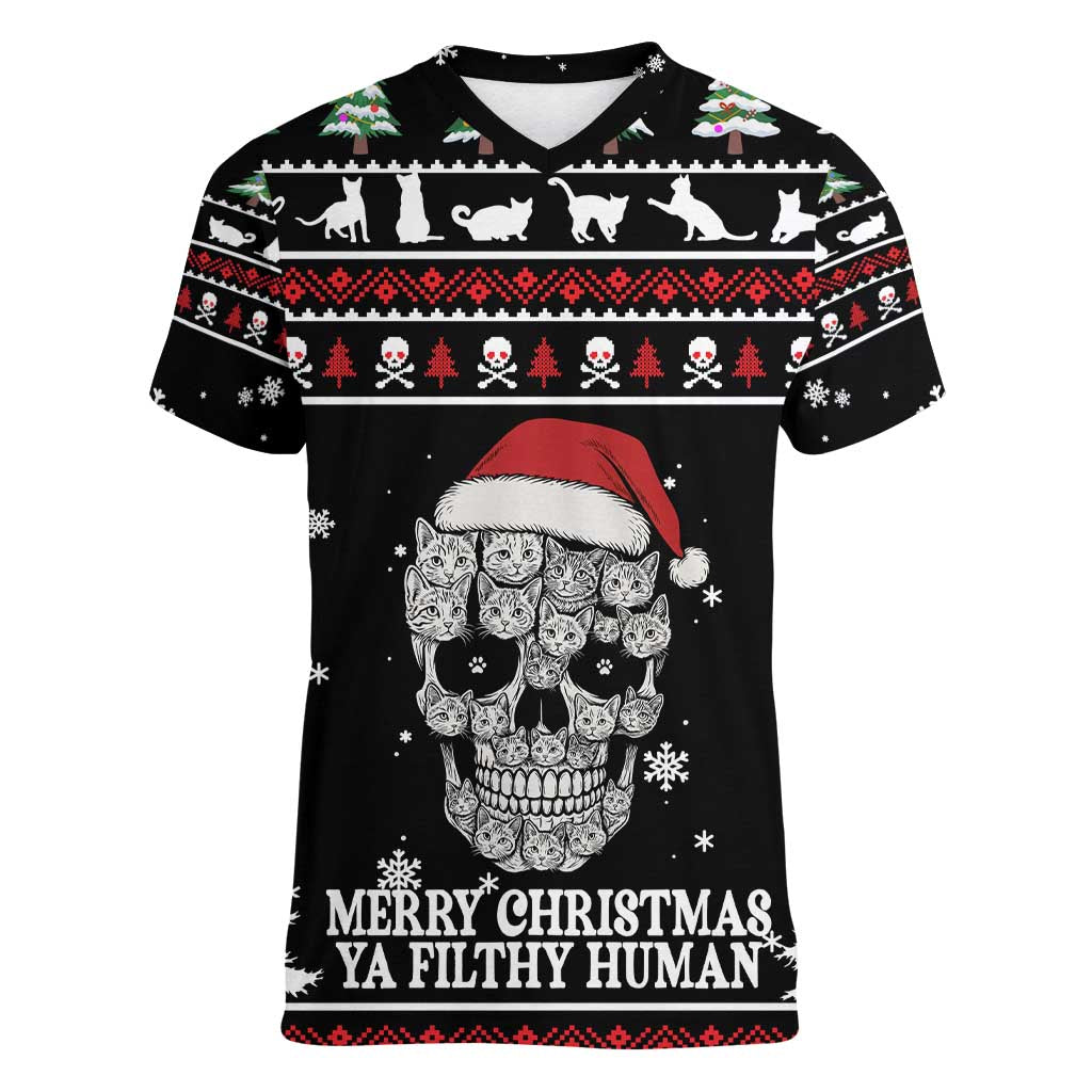 Cat Skull Santa Christmas Women V-Neck T-Shirt Xmas Holiday Patterns - Wonder Print Shop
