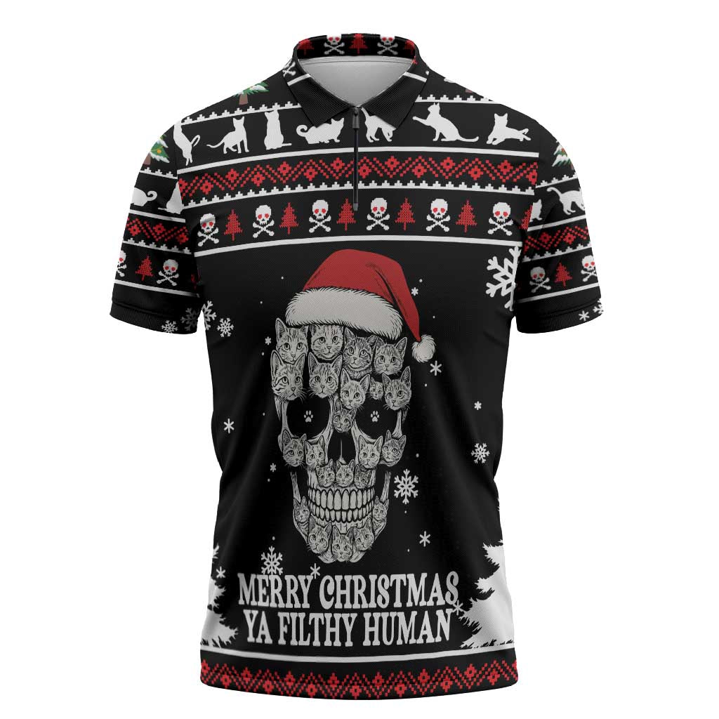Cat Skull Santa Christmas Zipper Polo Shirt Xmas Holiday Patterns - Wonder Print Shop