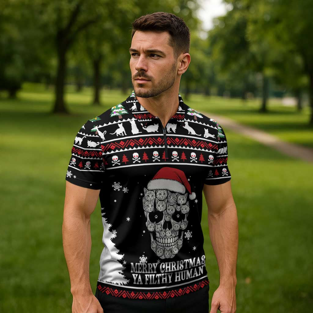 Cat Skull Santa Christmas Zipper Polo Shirt Xmas Holiday Patterns - Wonder Print Shop