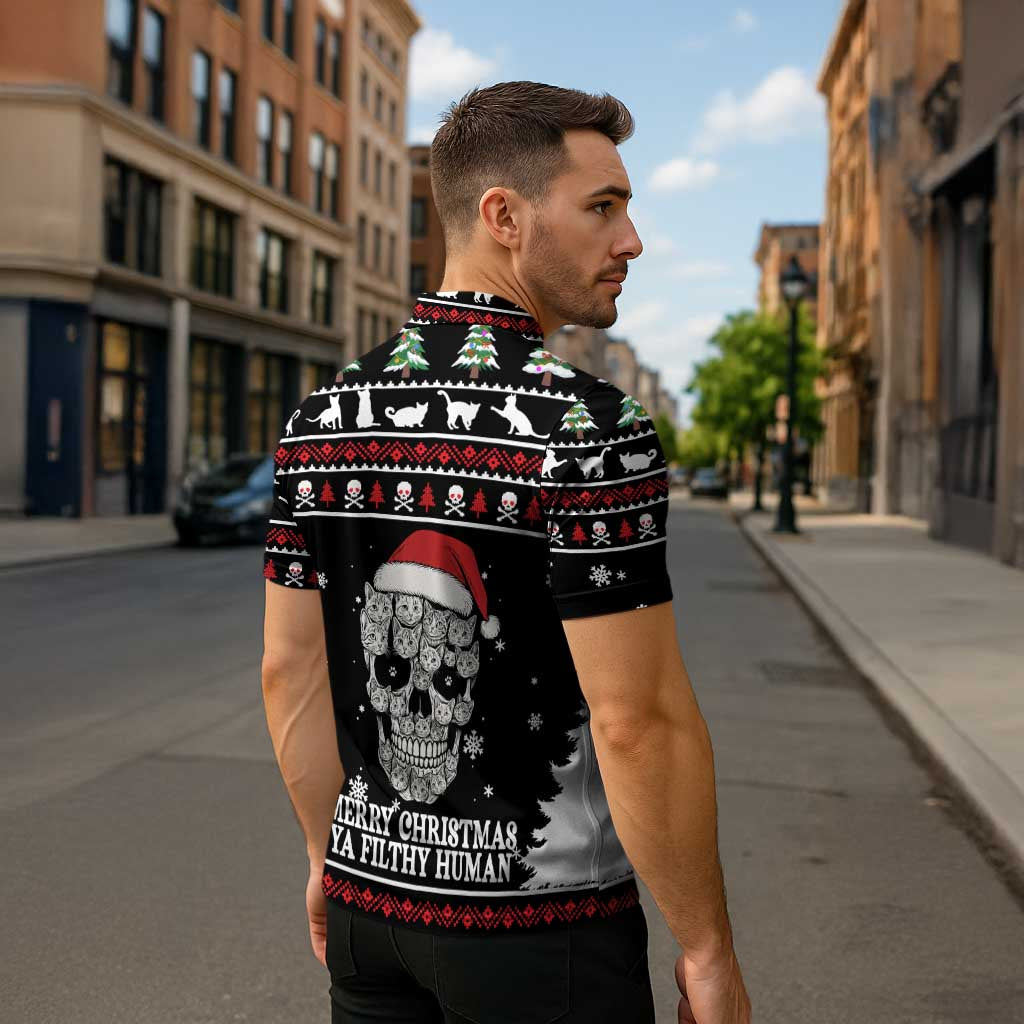 Cat Skull Santa Christmas Zipper Polo Shirt Xmas Holiday Patterns - Wonder Print Shop