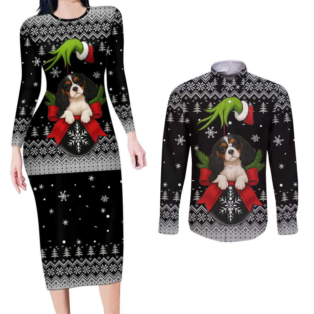 Cavalier King Charles Spaniel Xmas Ball Christmas Couples Matching Long Sleeve Bodycon Dress and Long Sleeve Button Shirt Xmas Holiday Patterns - Wonder Print Shop