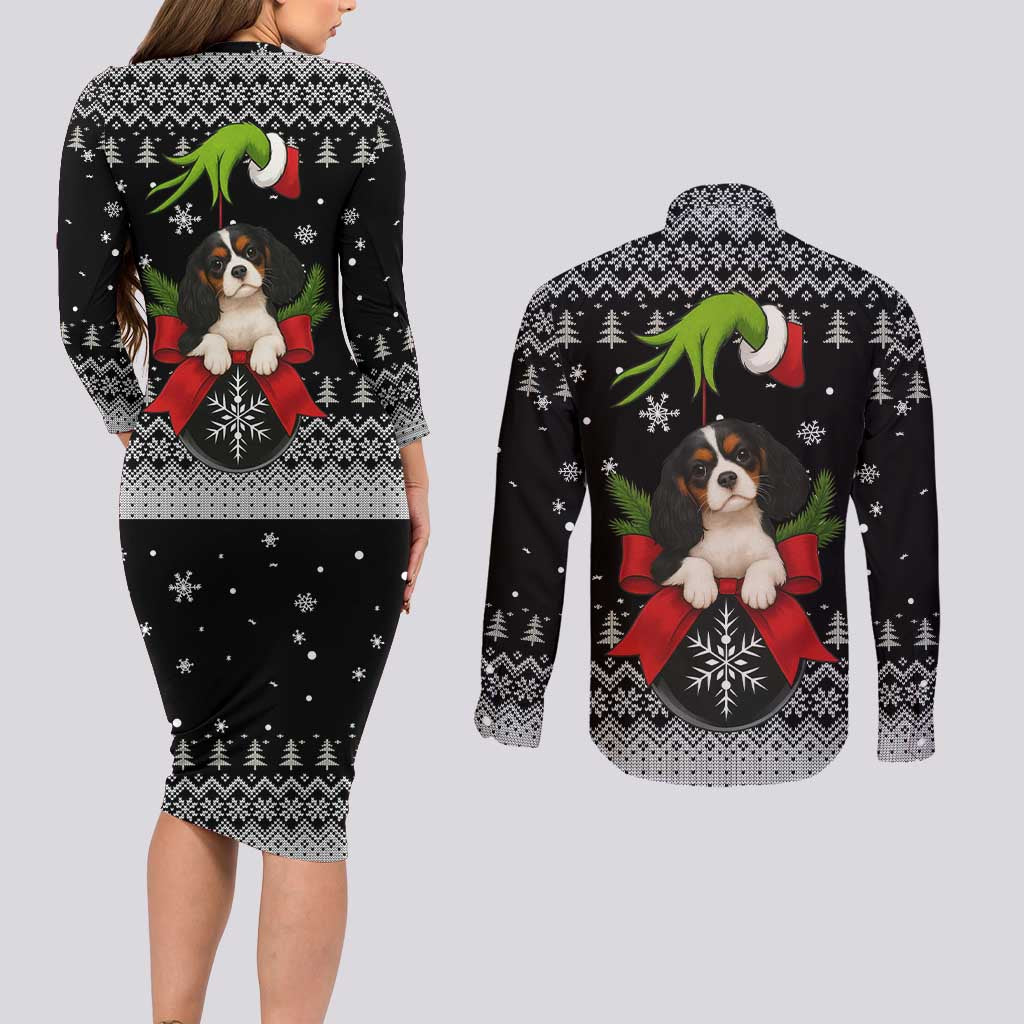 Cavalier King Charles Spaniel Xmas Ball Christmas Couples Matching Long Sleeve Bodycon Dress and Long Sleeve Button Shirt Xmas Holiday Patterns - Wonder Print Shop
