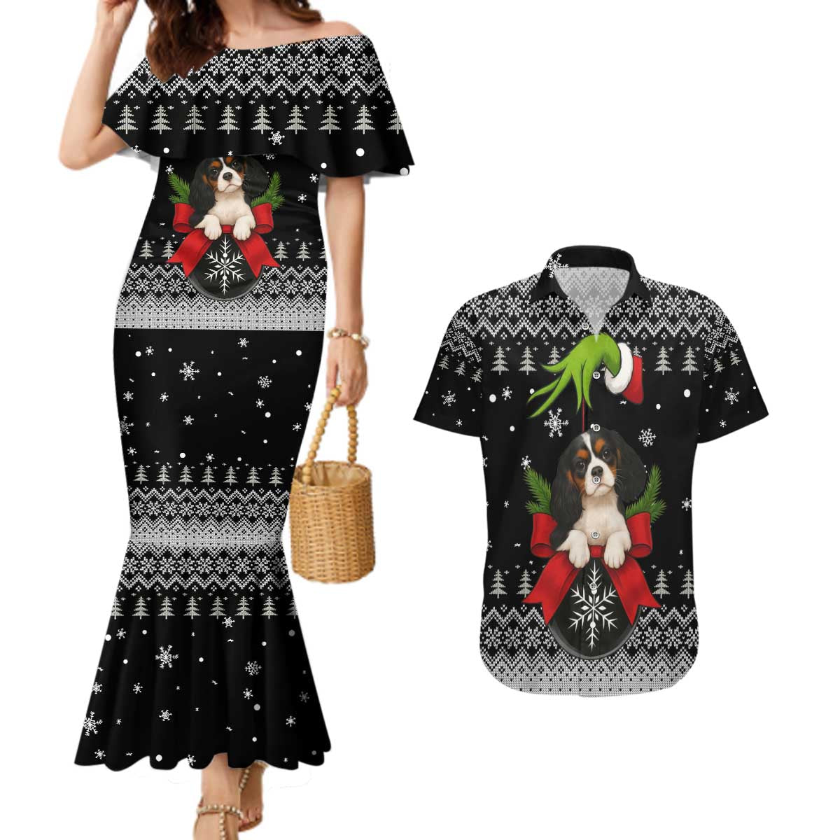 Cavalier King Charles Spaniel Xmas Ball Christmas Couples Matching Mermaid Dress and Hawaiian Shirt Xmas Holiday Patterns - Wonder Print Shop