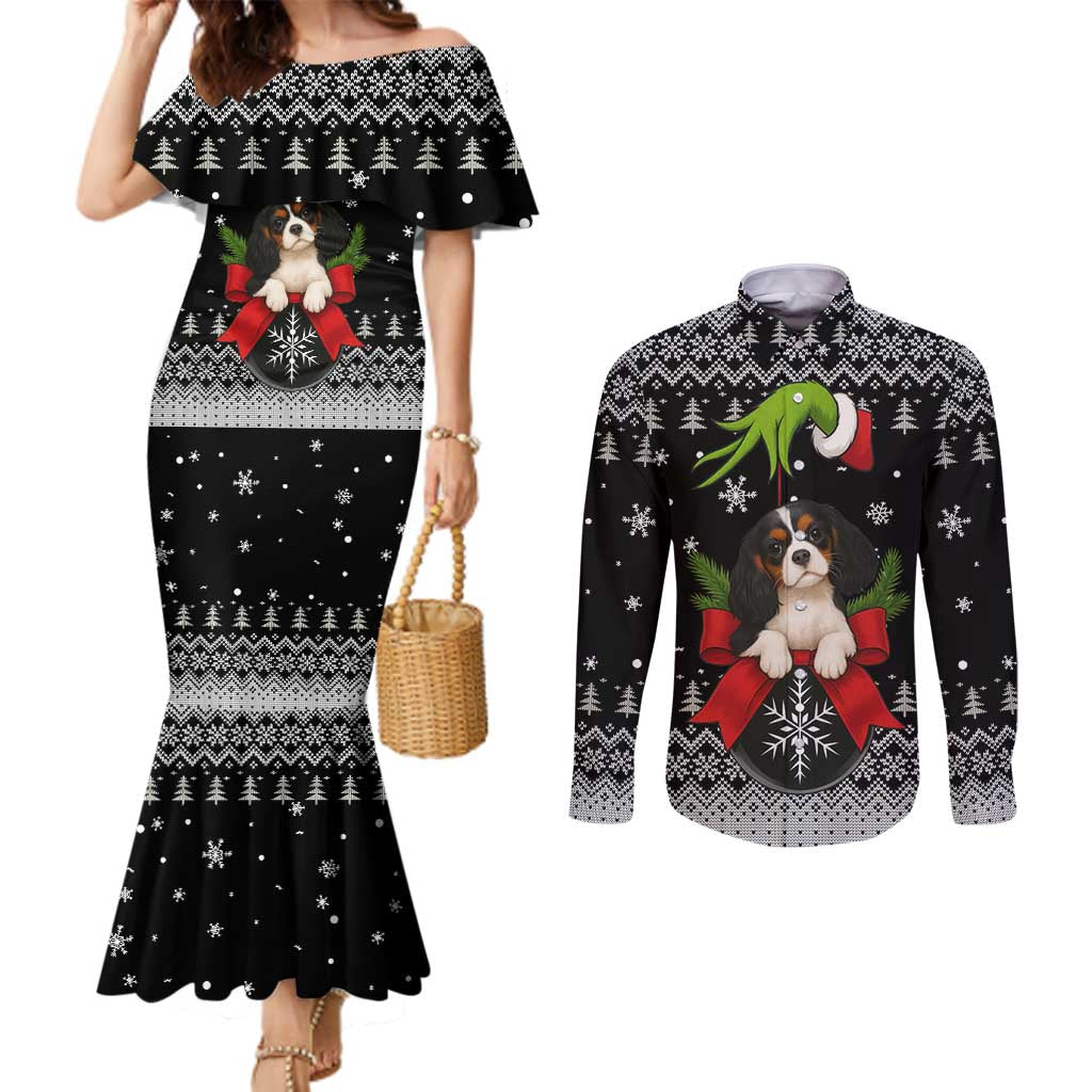 Cavalier King Charles Spaniel Xmas Ball Christmas Couples Matching Mermaid Dress and Long Sleeve Button Shirt Xmas Holiday Patterns - Wonder Print Shop