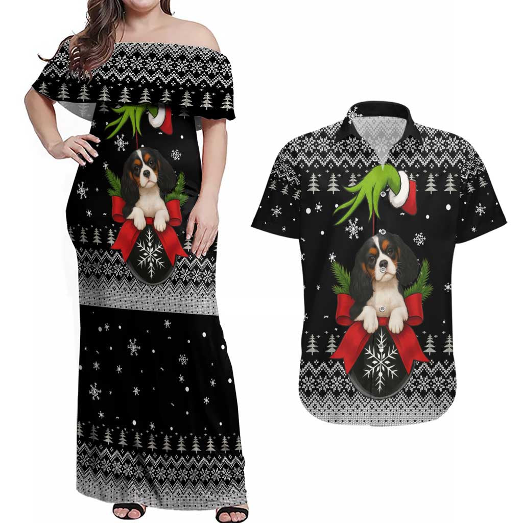 Cavalier King Charles Spaniel Xmas Ball Christmas Couples Matching Off Shoulder Maxi Dress and Hawaiian Shirt Xmas Holiday Patterns - Wonder Print Shop