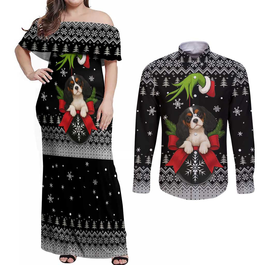 Cavalier King Charles Spaniel Xmas Ball Christmas Couples Matching Off Shoulder Maxi Dress and Long Sleeve Button Shirt Xmas Holiday Patterns - Wonder Print Shop