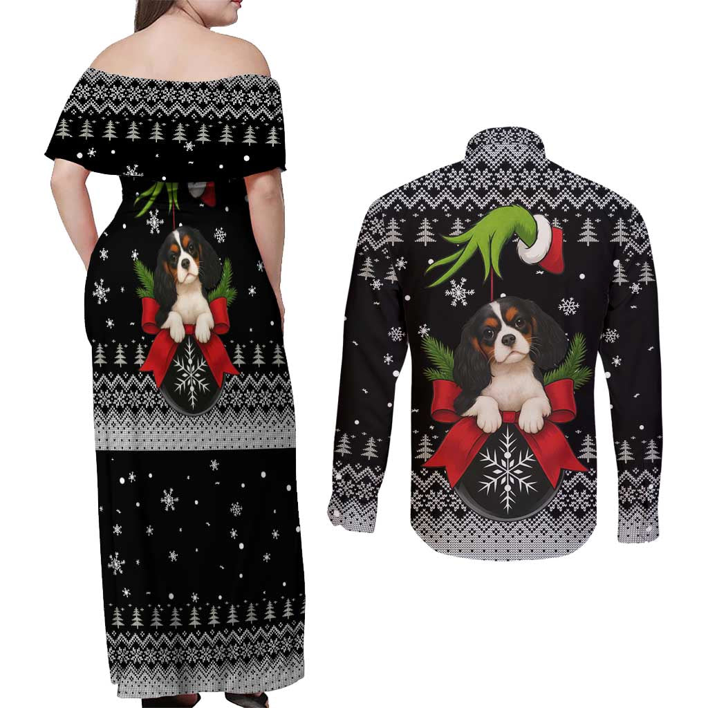 Cavalier King Charles Spaniel Xmas Ball Christmas Couples Matching Off Shoulder Maxi Dress and Long Sleeve Button Shirt Xmas Holiday Patterns - Wonder Print Shop