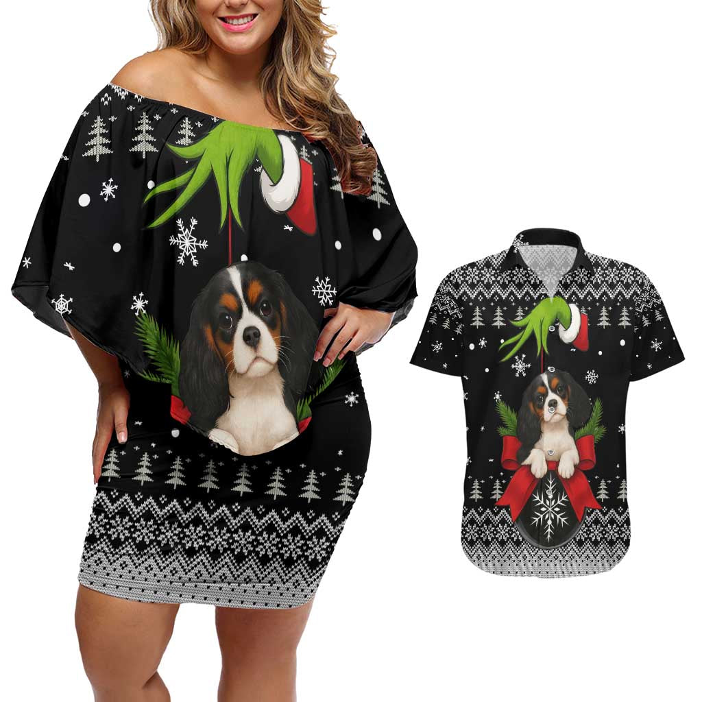Cavalier King Charles Spaniel Xmas Ball Christmas Couples Matching Off Shoulder Short Dress and Hawaiian Shirt Xmas Holiday Patterns - Wonder Print Shop