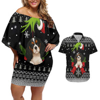 Cavalier King Charles Spaniel Xmas Ball Christmas Couples Matching Off Shoulder Short Dress and Hawaiian Shirt Xmas Holiday Patterns - Wonder Print Shop
