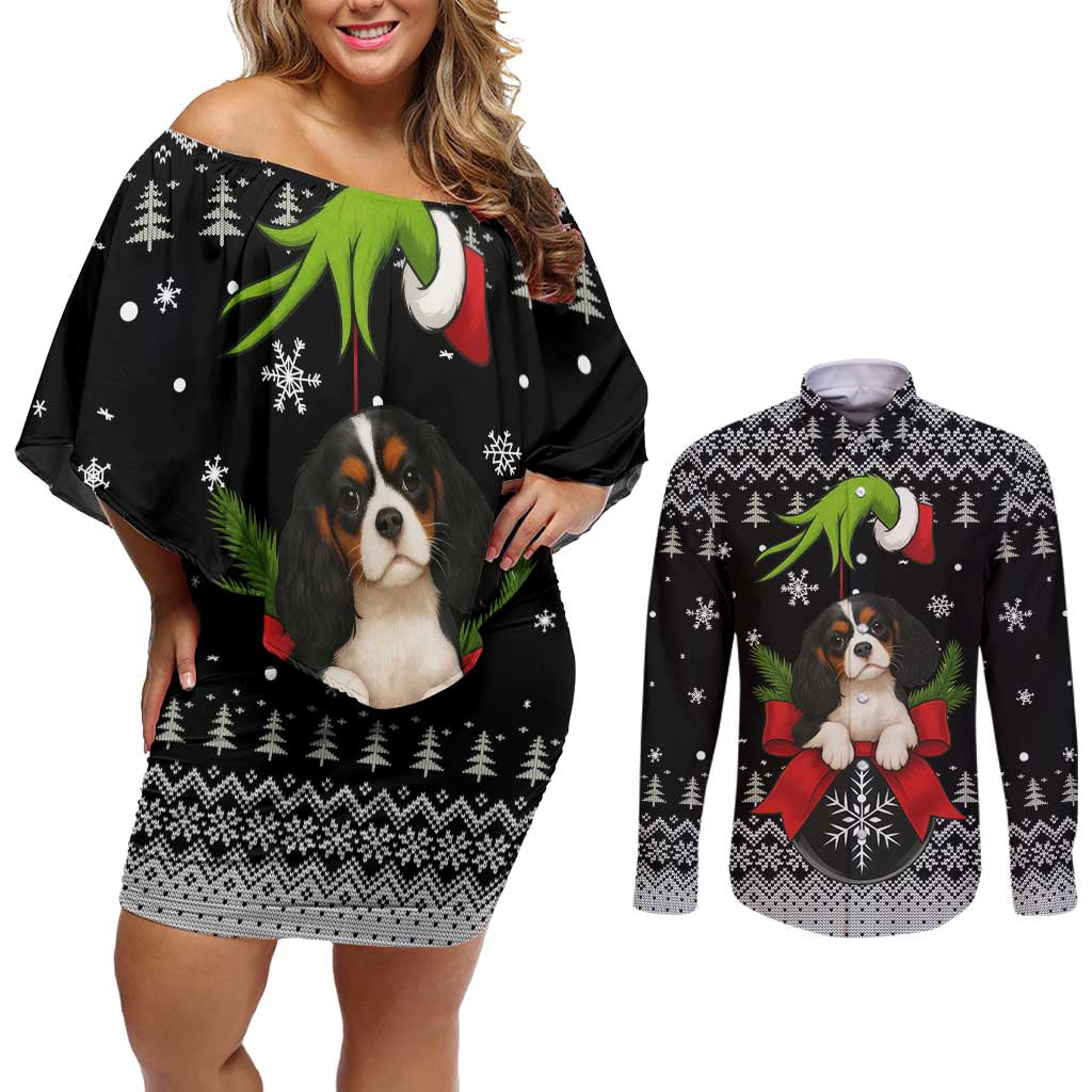 Cavalier King Charles Spaniel Xmas Ball Christmas Couples Matching Off Shoulder Short Dress and Long Sleeve Button Shirt Xmas Holiday Patterns - Wonder Print Shop