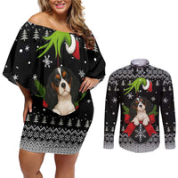 Cavalier King Charles Spaniel Xmas Ball Christmas Couples Matching Off Shoulder Short Dress and Long Sleeve Button Shirt Xmas Holiday Patterns - Wonder Print Shop