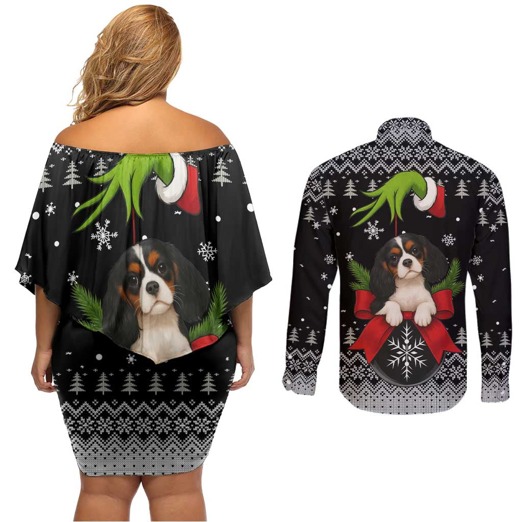 Cavalier King Charles Spaniel Xmas Ball Christmas Couples Matching Off Shoulder Short Dress and Long Sleeve Button Shirt Xmas Holiday Patterns - Wonder Print Shop