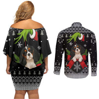 Cavalier King Charles Spaniel Xmas Ball Christmas Couples Matching Off Shoulder Short Dress and Long Sleeve Button Shirt Xmas Holiday Patterns - Wonder Print Shop