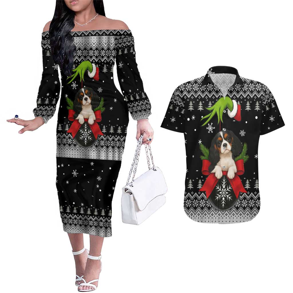 Cavalier King Charles Spaniel Xmas Ball Christmas Couples Matching Off The Shoulder Long Sleeve Dress and Hawaiian Shirt Xmas Holiday Patterns - Wonder Print Shop