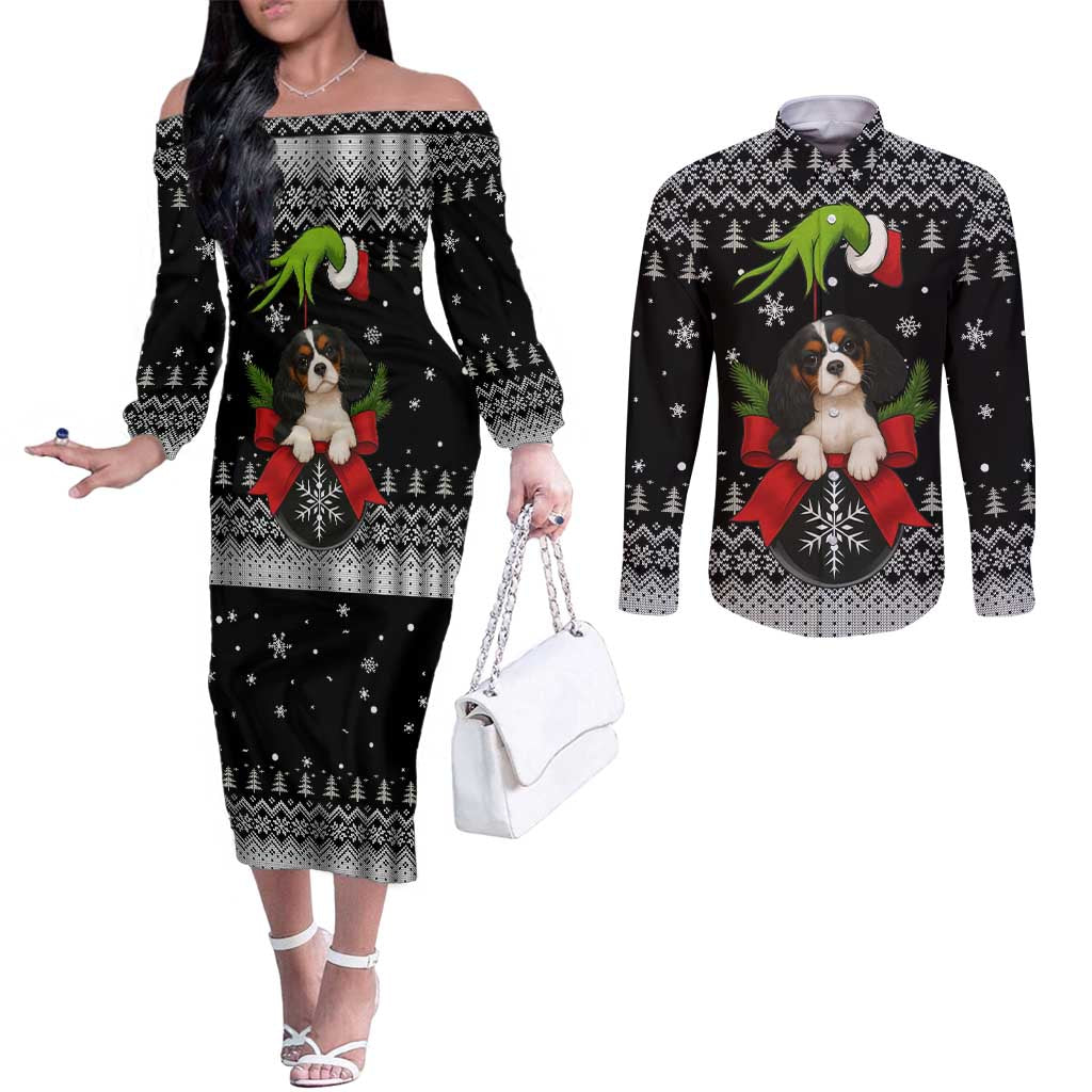 Cavalier King Charles Spaniel Xmas Ball Christmas Couples Matching Off The Shoulder Long Sleeve Dress and Long Sleeve Button Shirt Xmas Holiday Patterns - Wonder Print Shop