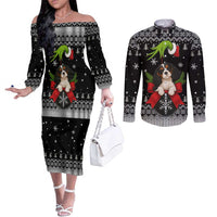Cavalier King Charles Spaniel Xmas Ball Christmas Couples Matching Off The Shoulder Long Sleeve Dress and Long Sleeve Button Shirt Xmas Holiday Patterns - Wonder Print Shop