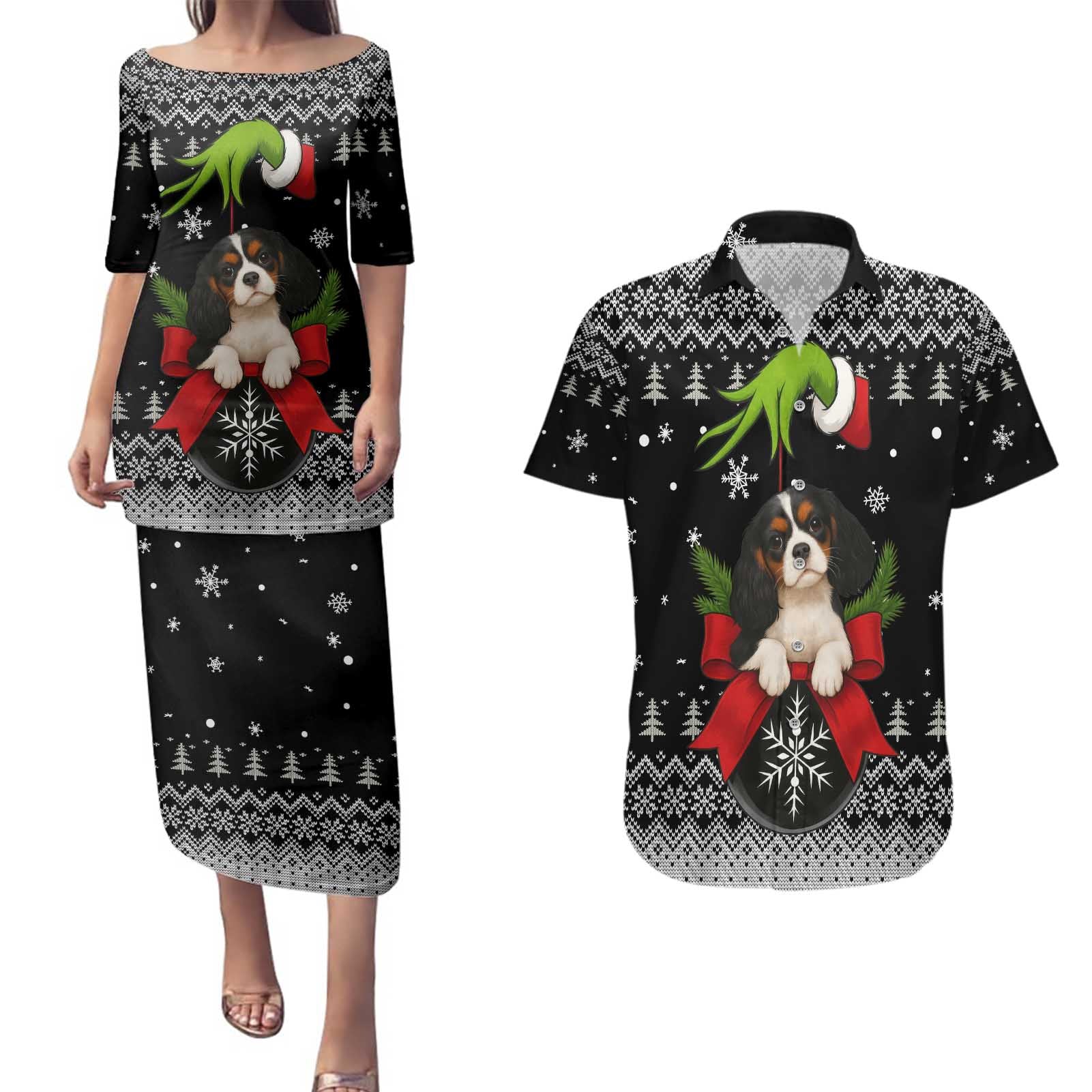 Cavalier King Charles Spaniel Xmas Ball Christmas Couples Matching Puletasi and Hawaiian Shirt Xmas Holiday Patterns - Wonder Print Shop