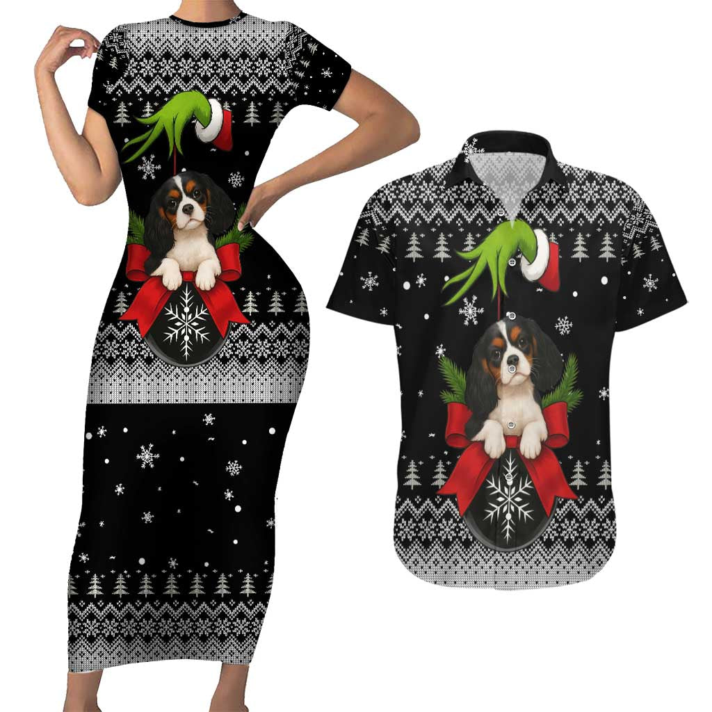 Cavalier King Charles Spaniel Xmas Ball Christmas Couples Matching Short Sleeve Bodycon Dress and Hawaiian Shirt Xmas Holiday Patterns - Wonder Print Shop