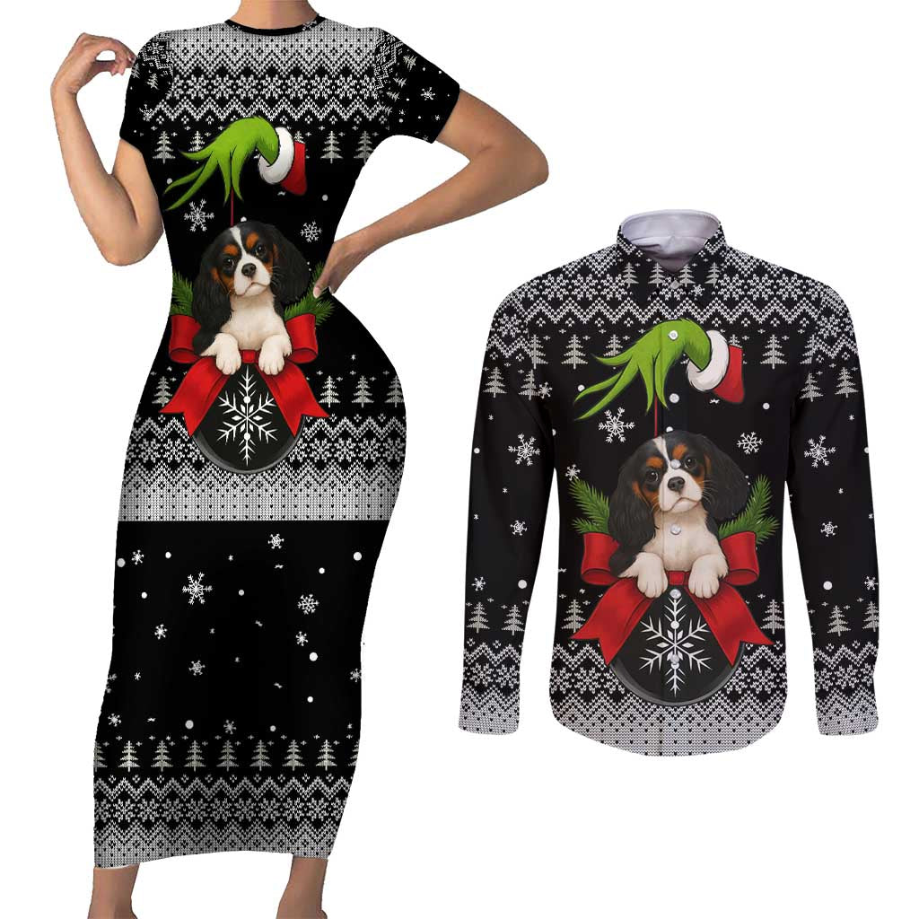 Cavalier King Charles Spaniel Xmas Ball Christmas Couples Matching Short Sleeve Bodycon Dress and Long Sleeve Button Shirt Xmas Holiday Patterns - Wonder Print Shop