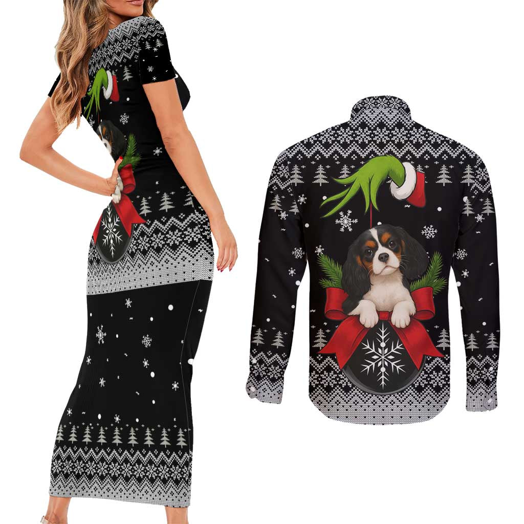 Cavalier King Charles Spaniel Xmas Ball Christmas Couples Matching Short Sleeve Bodycon Dress and Long Sleeve Button Shirt Xmas Holiday Patterns - Wonder Print Shop