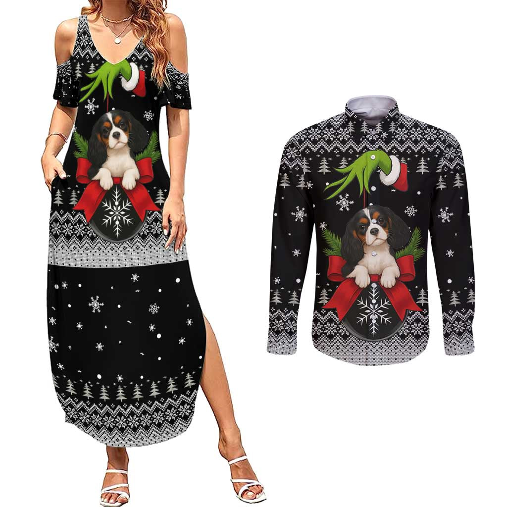 Cavalier King Charles Spaniel Xmas Ball Christmas Couples Matching Summer Maxi Dress and Long Sleeve Button Shirt Xmas Holiday Patterns - Wonder Print Shop