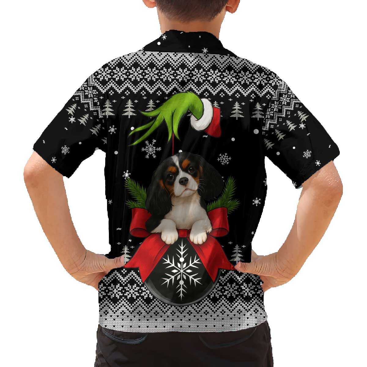 Cavalier King Charles Spaniel Xmas Ball Christmas Family Matching Off The Shoulder Long Sleeve Dress and Hawaiian Shirt Xmas Holiday Patterns - Wonder Print Shop
