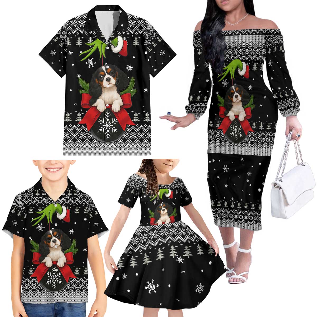 Cavalier King Charles Spaniel Xmas Ball Christmas Family Matching Off The Shoulder Long Sleeve Dress and Hawaiian Shirt Xmas Holiday Patterns - Wonder Print Shop