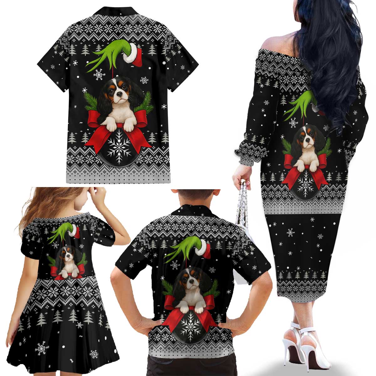 Cavalier King Charles Spaniel Xmas Ball Christmas Family Matching Off The Shoulder Long Sleeve Dress and Hawaiian Shirt Xmas Holiday Patterns - Wonder Print Shop