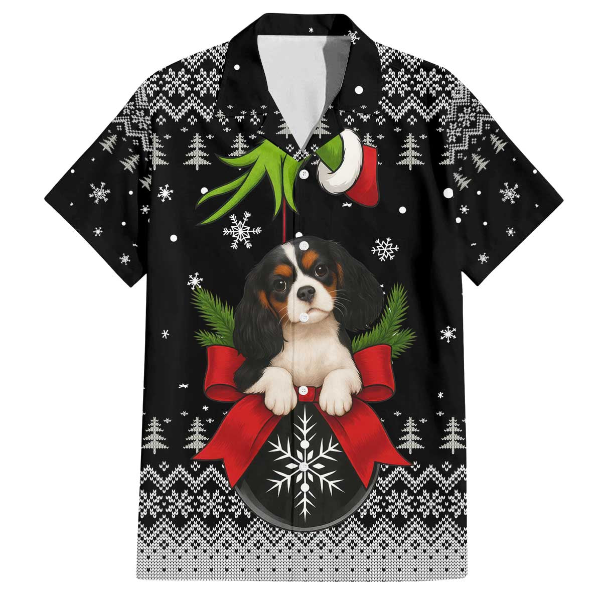 Cavalier King Charles Spaniel Xmas Ball Christmas Family Matching Off The Shoulder Long Sleeve Dress and Hawaiian Shirt Xmas Holiday Patterns - Wonder Print Shop