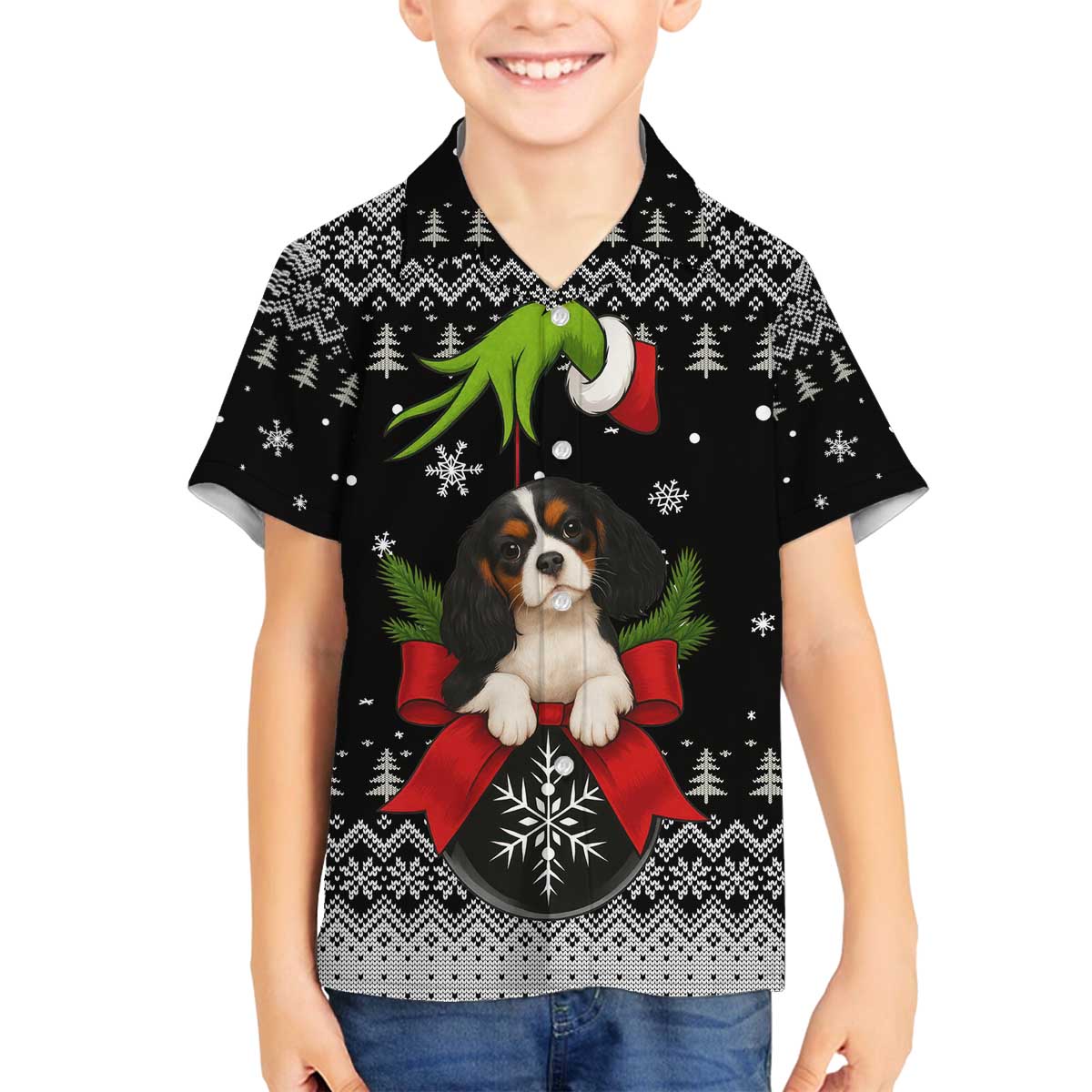 Cavalier King Charles Spaniel Xmas Ball Christmas Family Matching Off The Shoulder Long Sleeve Dress and Hawaiian Shirt Xmas Holiday Patterns - Wonder Print Shop