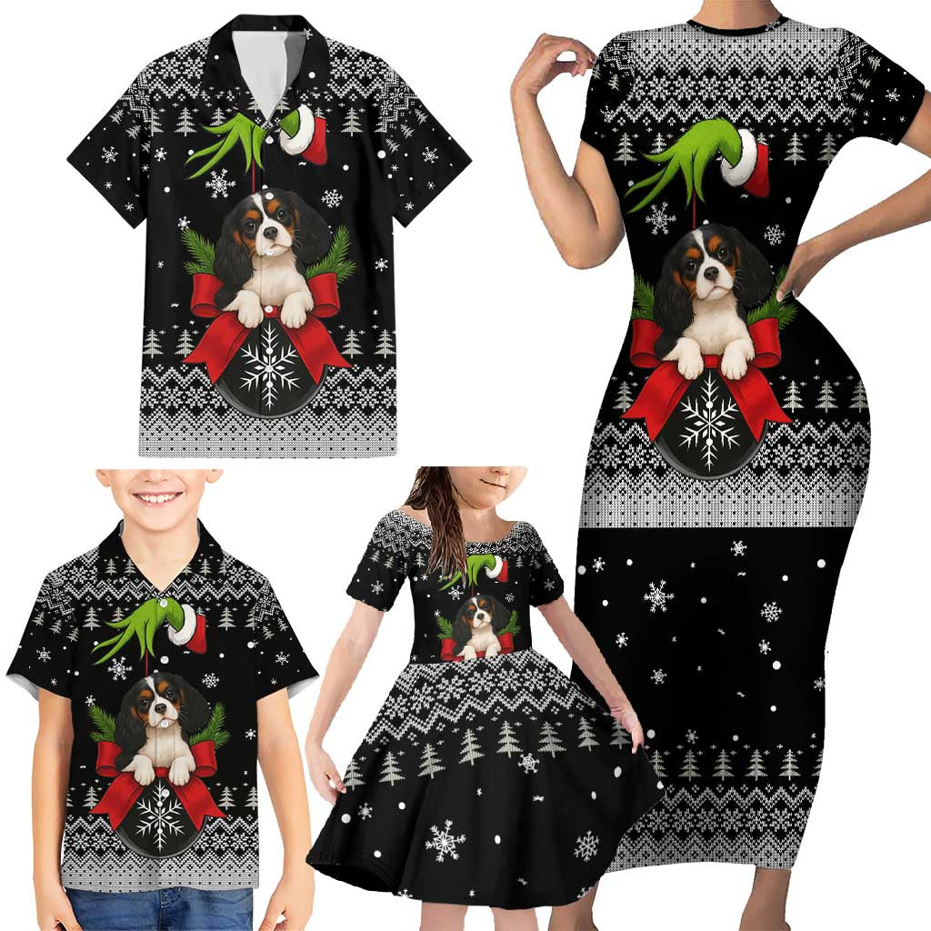 Cavalier King Charles Spaniel Xmas Ball Christmas Family Matching Short Sleeve Bodycon Dress and Hawaiian Shirt Xmas Holiday Patterns - Wonder Print Shop