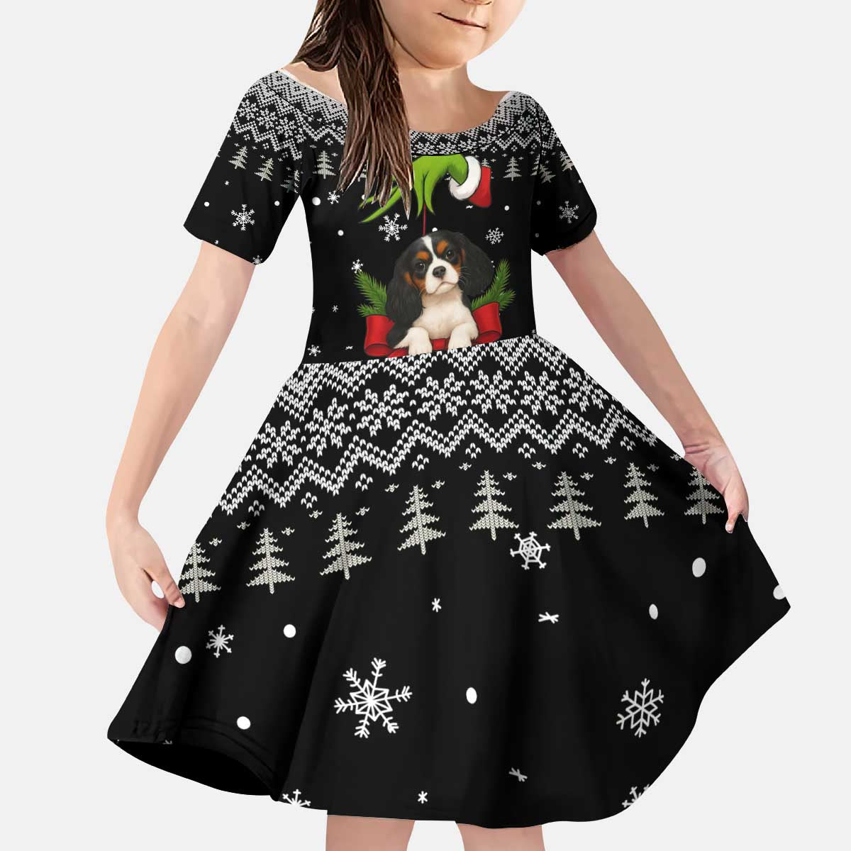 Cavalier King Charles Spaniel Xmas Ball Christmas Kid Short Sleeve Dress Xmas Holiday Patterns - Wonder Print Shop