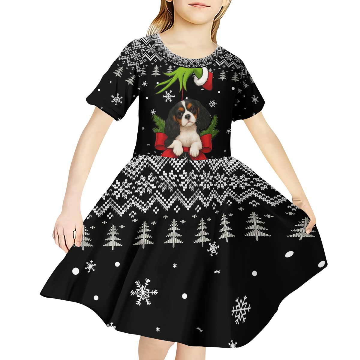 Cavalier King Charles Spaniel Xmas Ball Christmas Kid Short Sleeve Dress Xmas Holiday Patterns - Wonder Print Shop