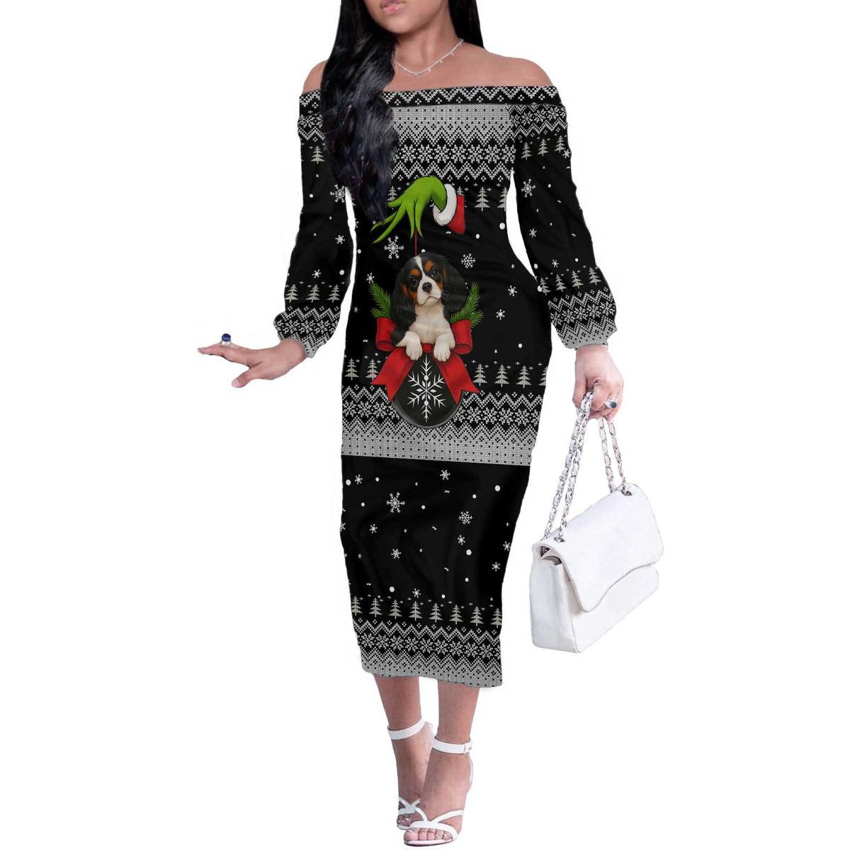 Cavalier King Charles Spaniel Xmas Ball Christmas Off The Shoulder Long Sleeve Dress Xmas Holiday Patterns - Wonder Print Shop