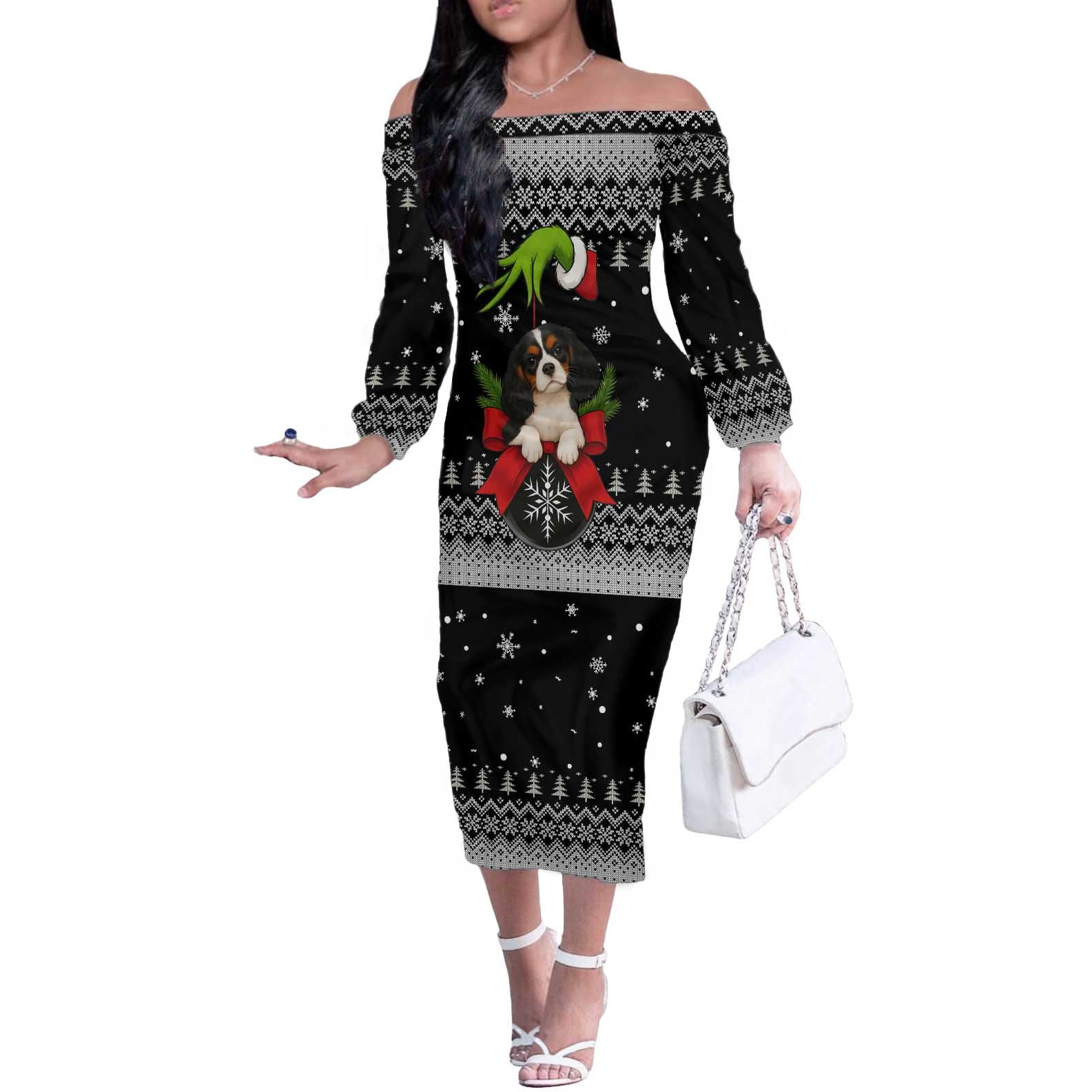 Cavalier King Charles Spaniel Xmas Ball Christmas Off The Shoulder Long Sleeve Dress Xmas Holiday Patterns - Wonder Print Shop