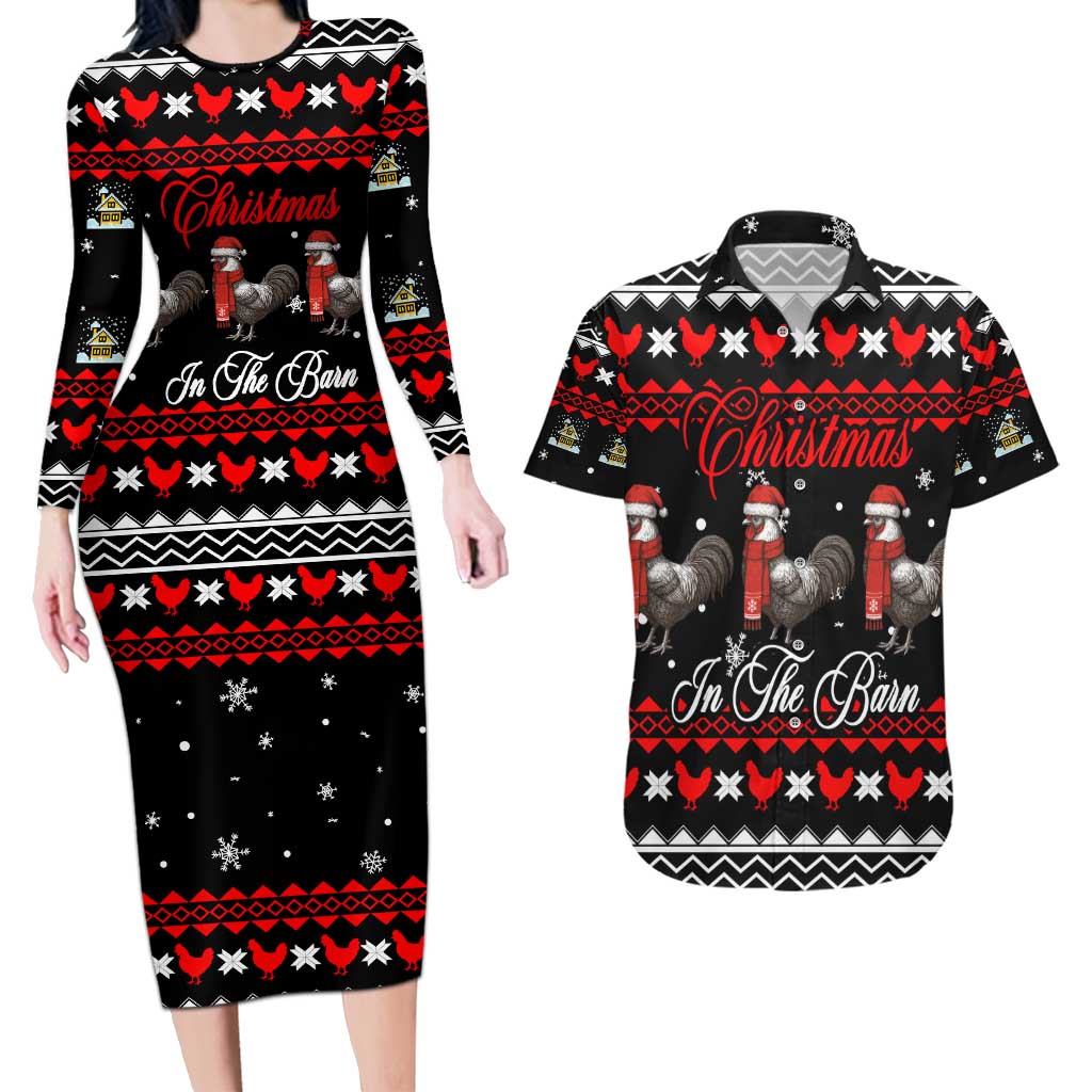Chicken Farm Christmas Couples Matching Long Sleeve Bodycon Dress and Hawaiian Shirt Xmas Holiday Patterns - Wonder Print Shop