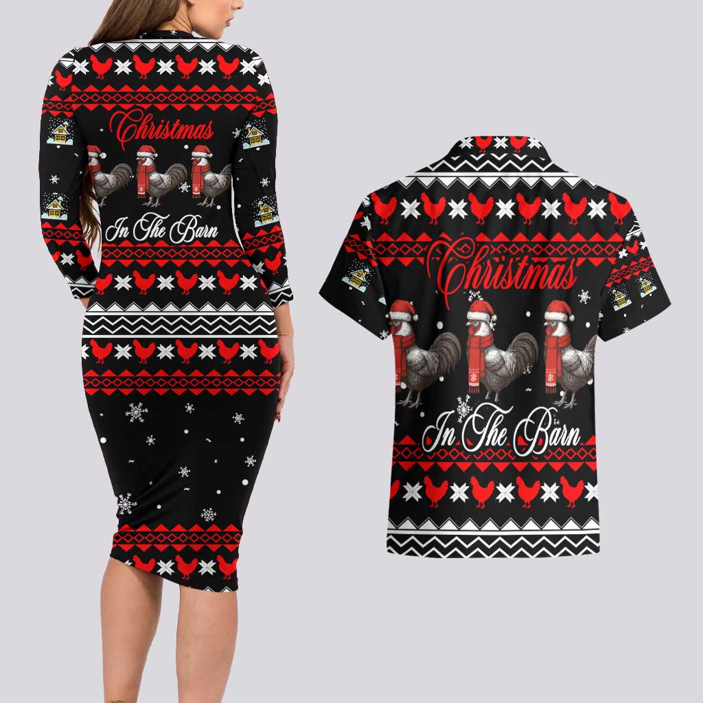 Chicken Farm Christmas Couples Matching Long Sleeve Bodycon Dress and Hawaiian Shirt Xmas Holiday Patterns - Wonder Print Shop