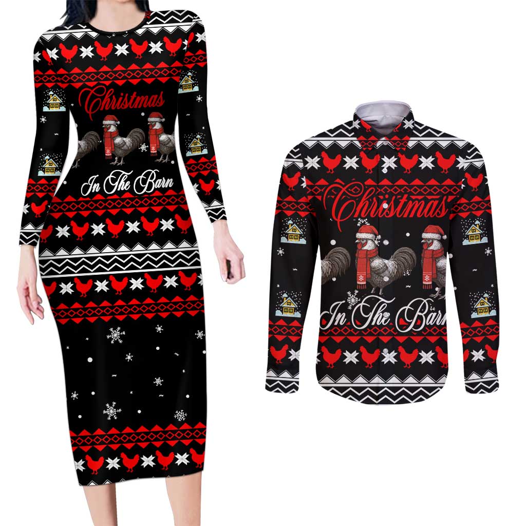 Chicken Farm Christmas Couples Matching Long Sleeve Bodycon Dress and Long Sleeve Button Shirt Xmas Holiday Patterns - Wonder Print Shop