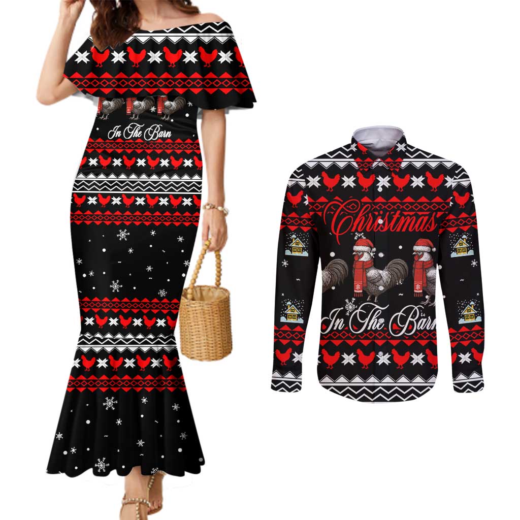 Chicken Farm Christmas Couples Matching Mermaid Dress and Long Sleeve Button Shirt Xmas Holiday Patterns - Wonder Print Shop