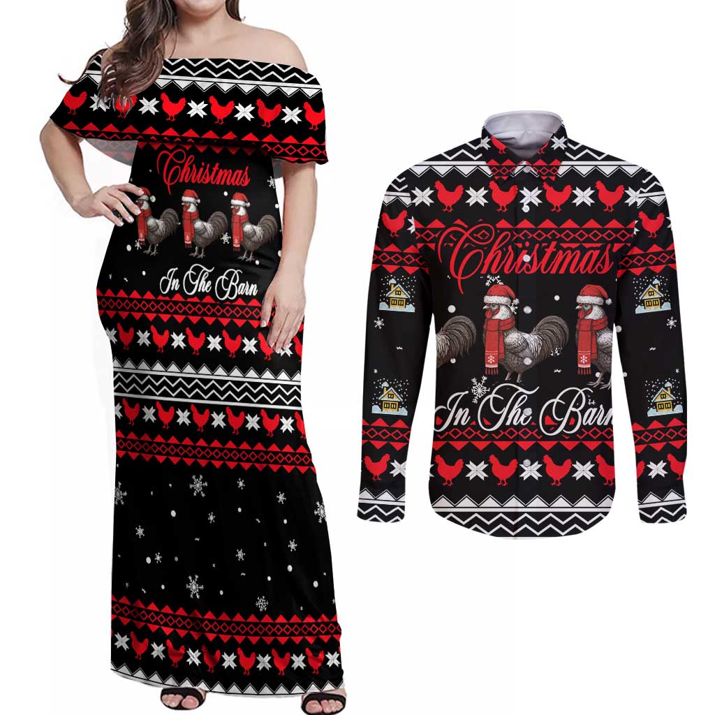 Chicken Farm Christmas Couples Matching Off Shoulder Maxi Dress and Long Sleeve Button Shirt Xmas Holiday Patterns - Wonder Print Shop