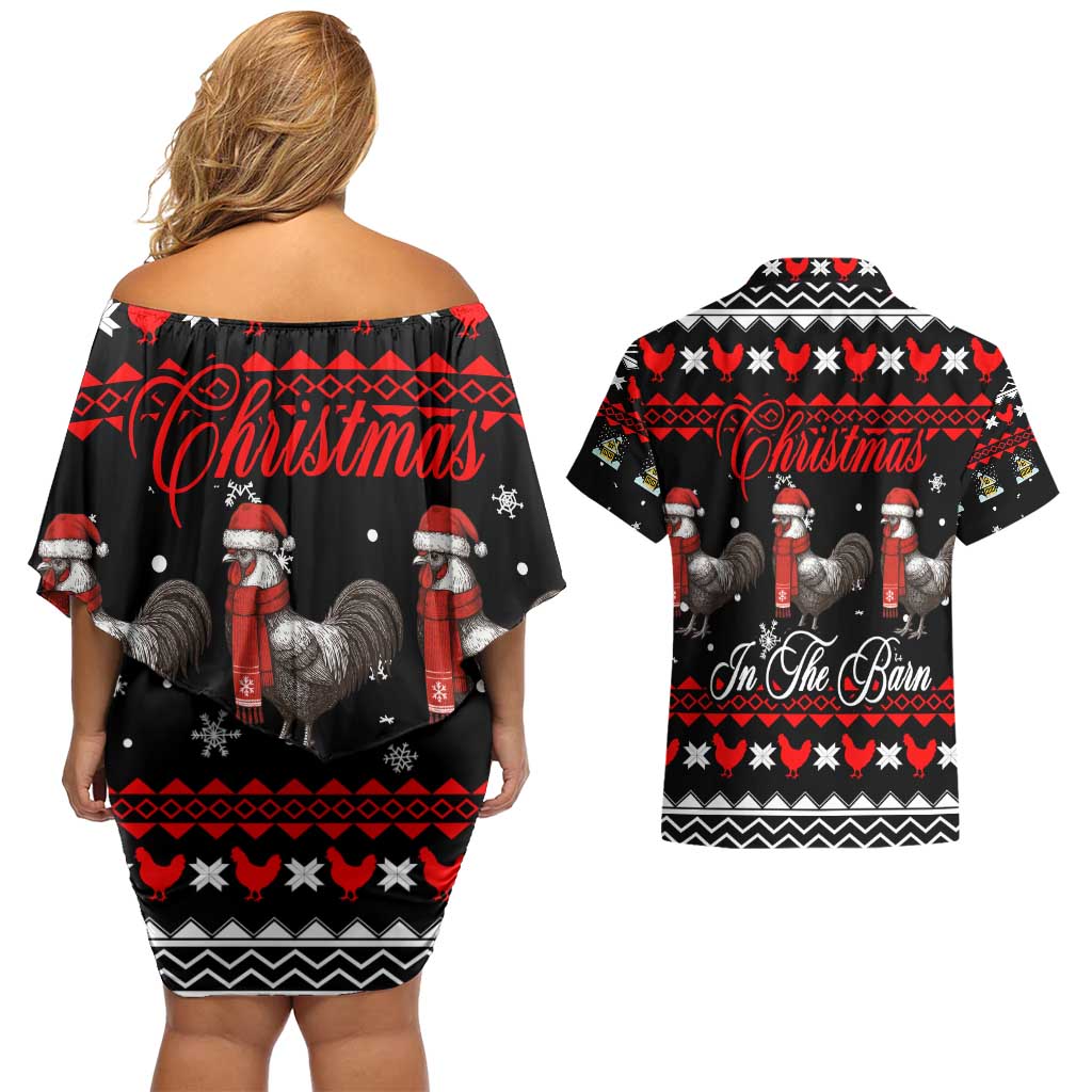 Chicken Farm Christmas Couples Matching Off Shoulder Short Dress and Hawaiian Shirt Xmas Holiday Patterns - Wonder Print Shop