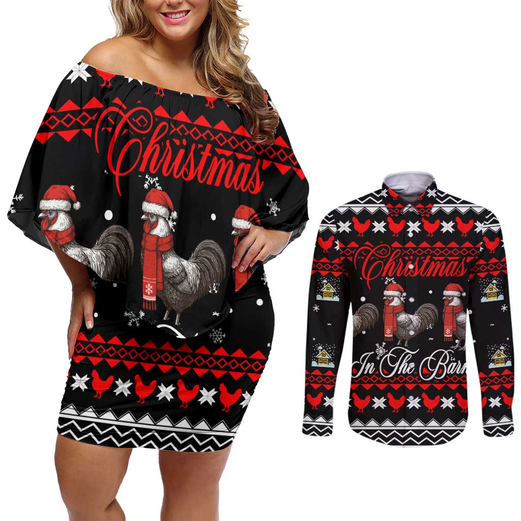 Chicken Farm Christmas Couples Matching Off Shoulder Short Dress and Long Sleeve Button Shirt Xmas Holiday Patterns - Wonder Print Shop