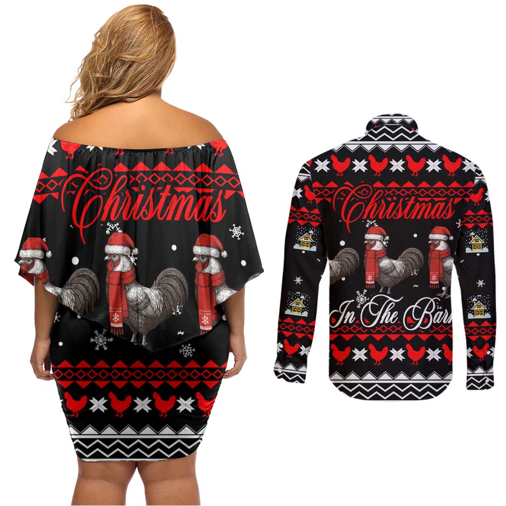 Chicken Farm Christmas Couples Matching Off Shoulder Short Dress and Long Sleeve Button Shirt Xmas Holiday Patterns - Wonder Print Shop