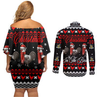 Chicken Farm Christmas Couples Matching Off Shoulder Short Dress and Long Sleeve Button Shirt Xmas Holiday Patterns - Wonder Print Shop