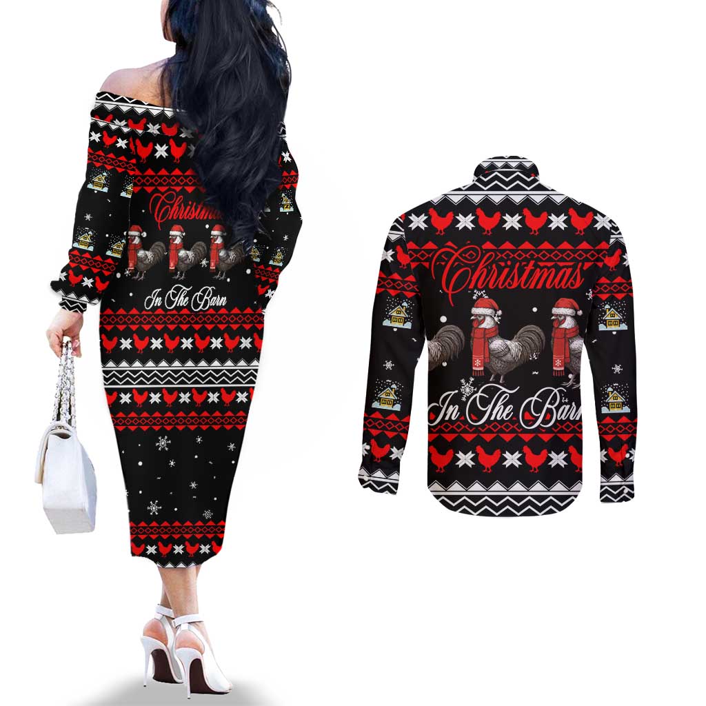 Chicken Farm Christmas Couples Matching Off The Shoulder Long Sleeve Dress and Long Sleeve Button Shirt Xmas Holiday Patterns - Wonder Print Shop